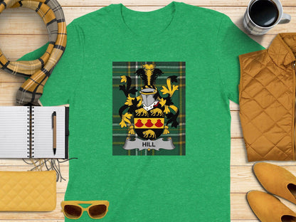 Hill Family Crest Tartan Background T-Shirt - Celtic Ancestry Gifts