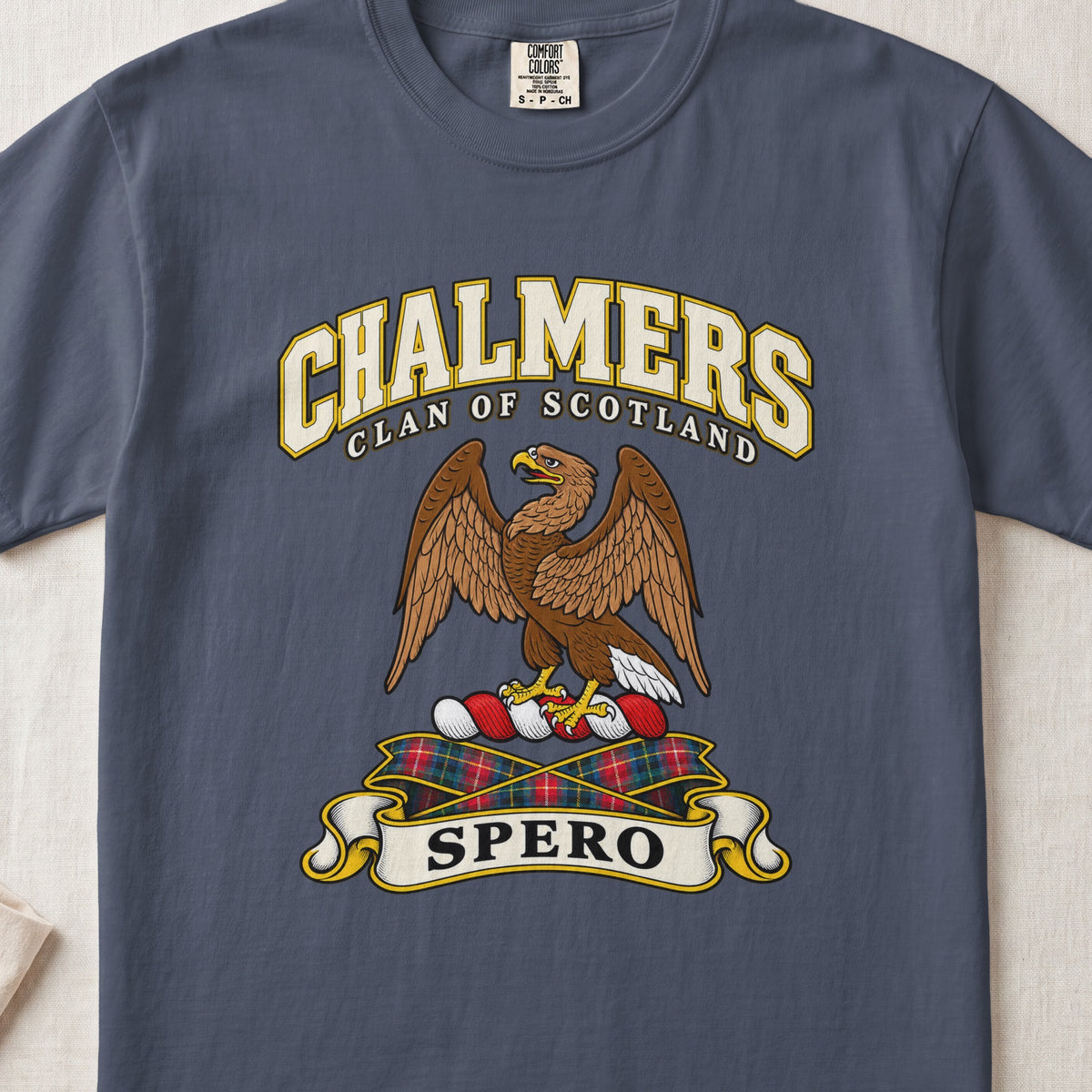 Chalmers Scottish clan T-shirt in Midnight, front view with a brown eagle with raised wings and motto banner.