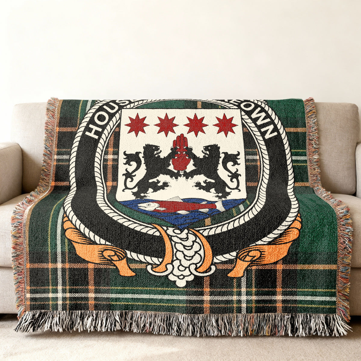 McKeown Irish National Tartan woven blanket displayed on a sofa