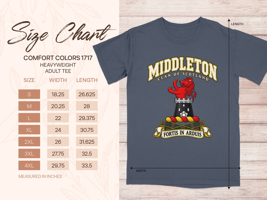 Comfort Colors 1717 size chart for the Middleton Scottish clan T-shirt, adult sizes S–4XL.