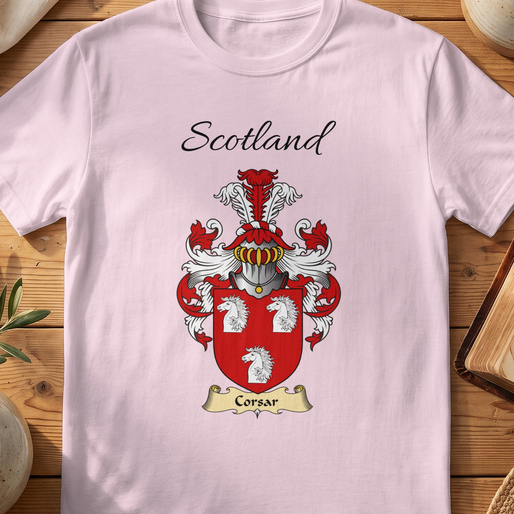 Light Pink Corsar Scottish family shield T-shirt featuring three white horse heads on red
