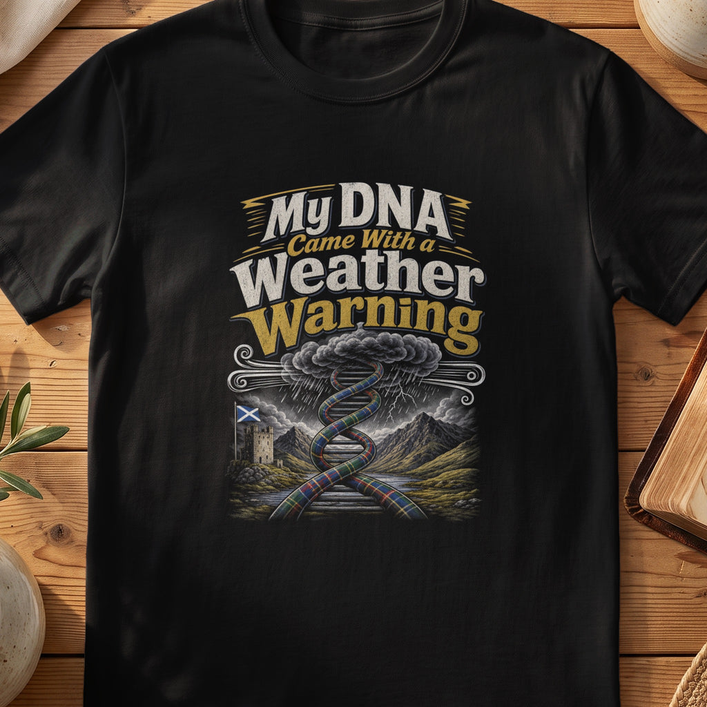 Black Gildan 64000 unisex T-shirt flatlay with My DNA Came With a Weather Warning Scottish graphic design