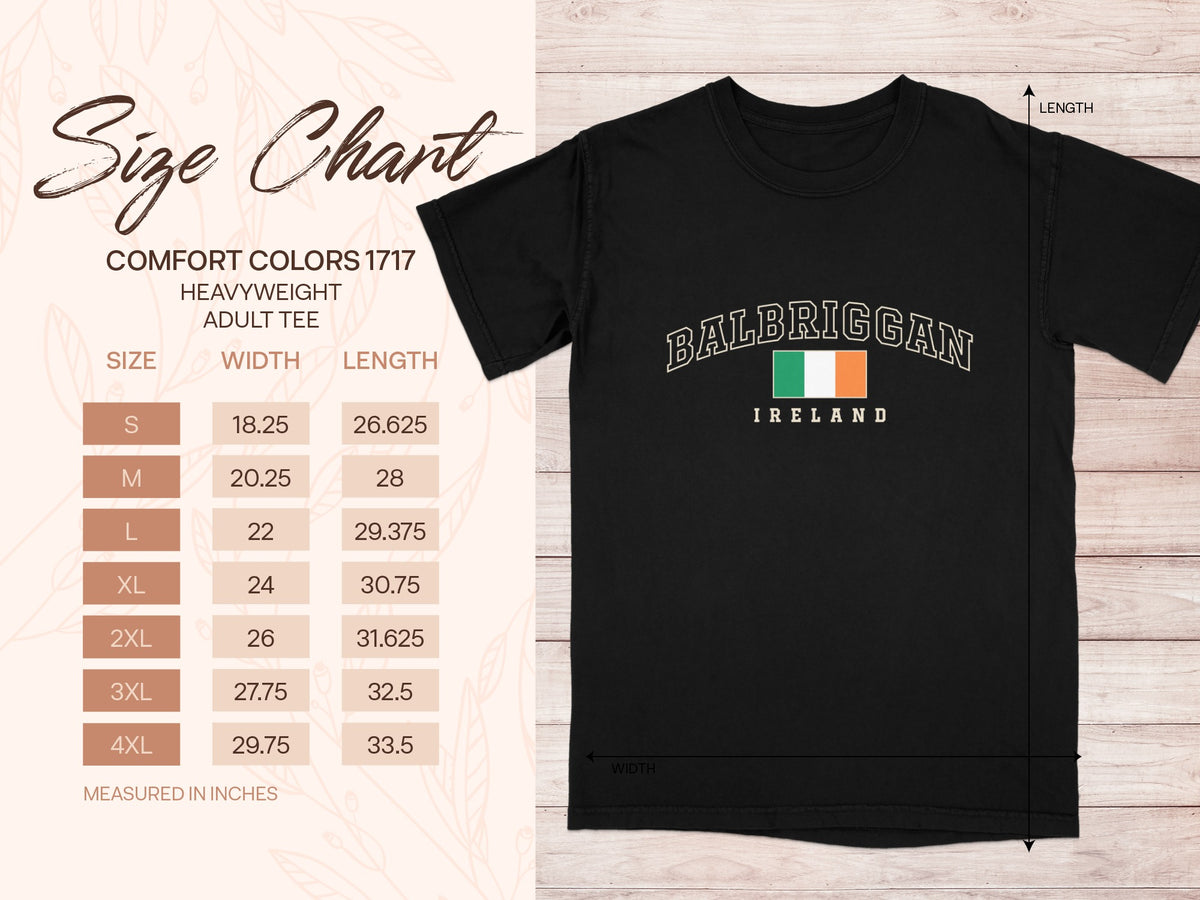Black t-shirt with "Balbriggan Ireland" text and Irish flag. Includes size chart.
