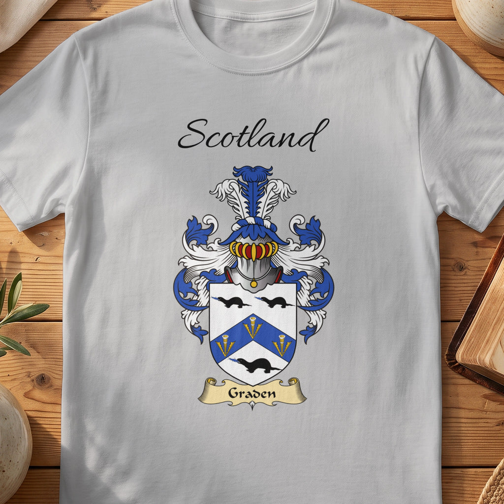 Sport Grey Graden Scottish family shield T-shirt featuring a blue chevron between black birds