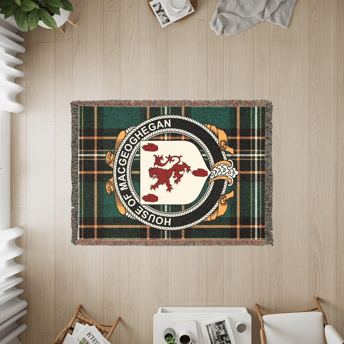Maceoghegan Irish heritage woven throw with family crest emblem