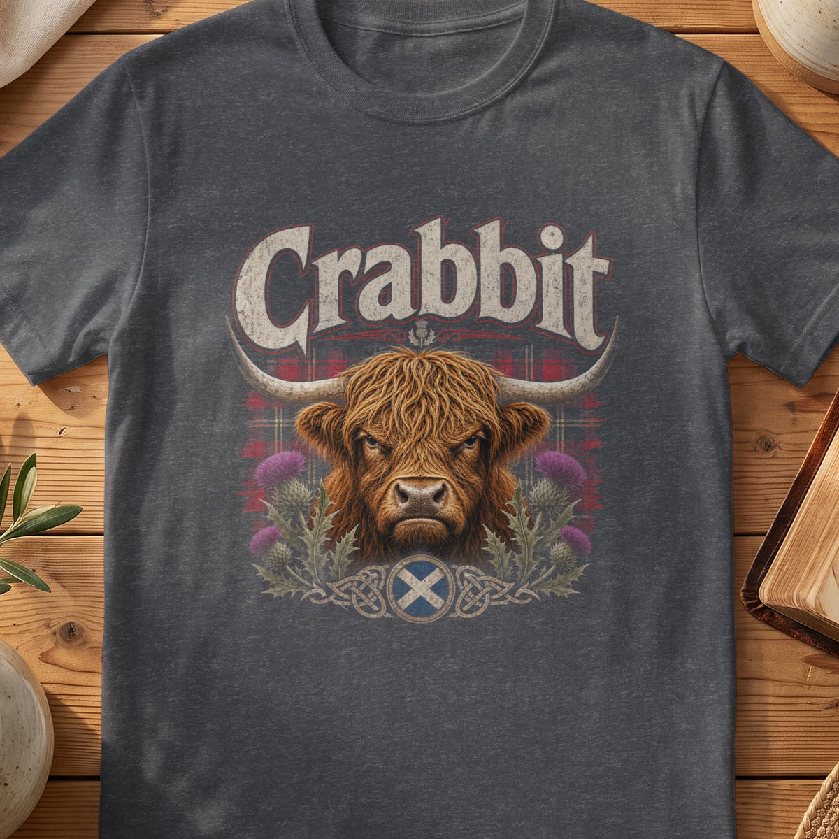 Dark grey Gildan 64000 unisex T-shirt flatlay with Crabbit Highland Cow Scottish graphic design