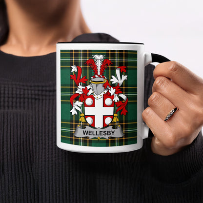 Mug with green tartan and Wellesley family crest.