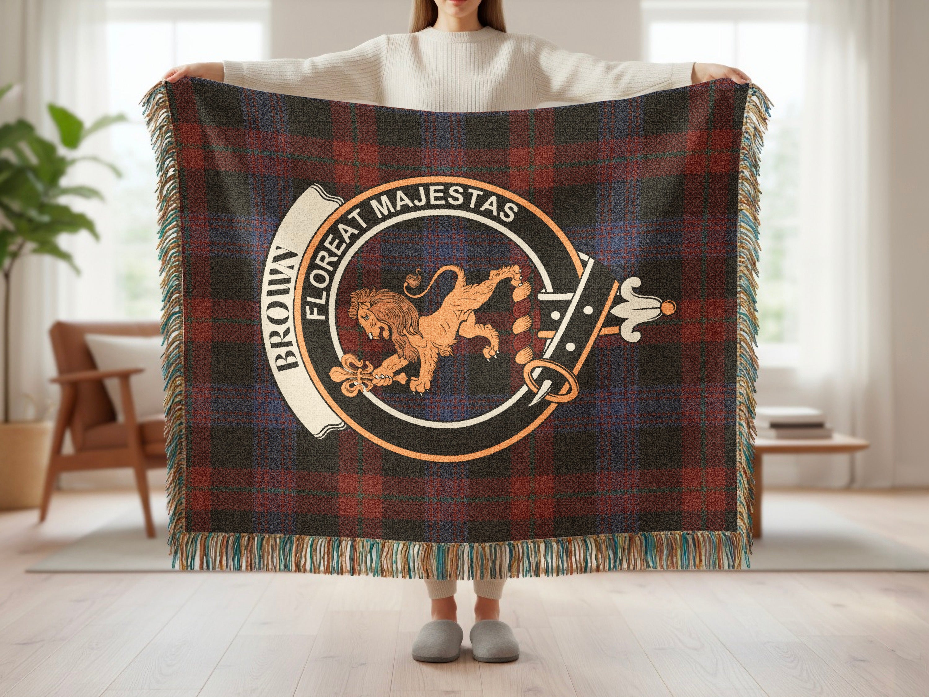 Brown clan crest tartan woven blanket — full view with fringe edges