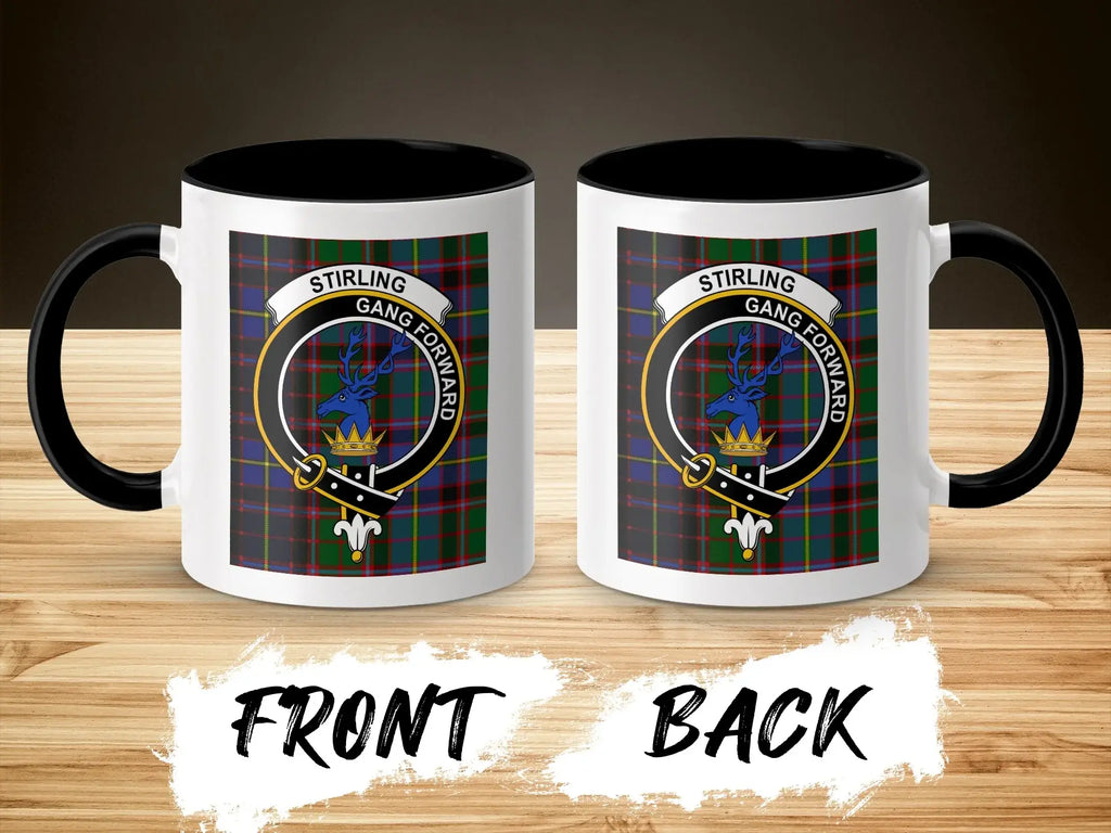 Clan Stirling tartan mug front and back views — stag crest on tartan, 11oz and 15oz