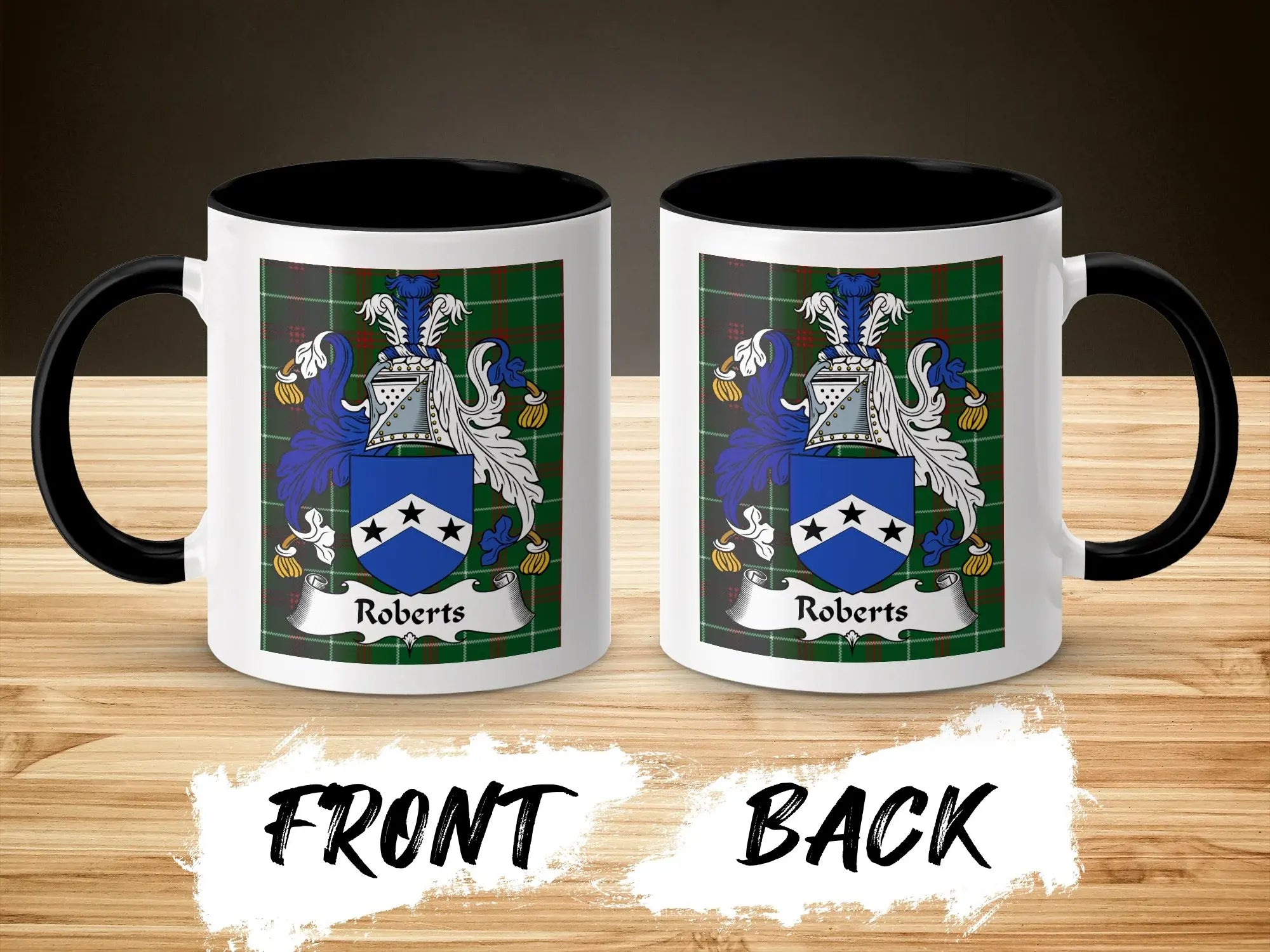 Roberts Welsh surname coffee mug front and back showing blue shield coat of arms on tartan