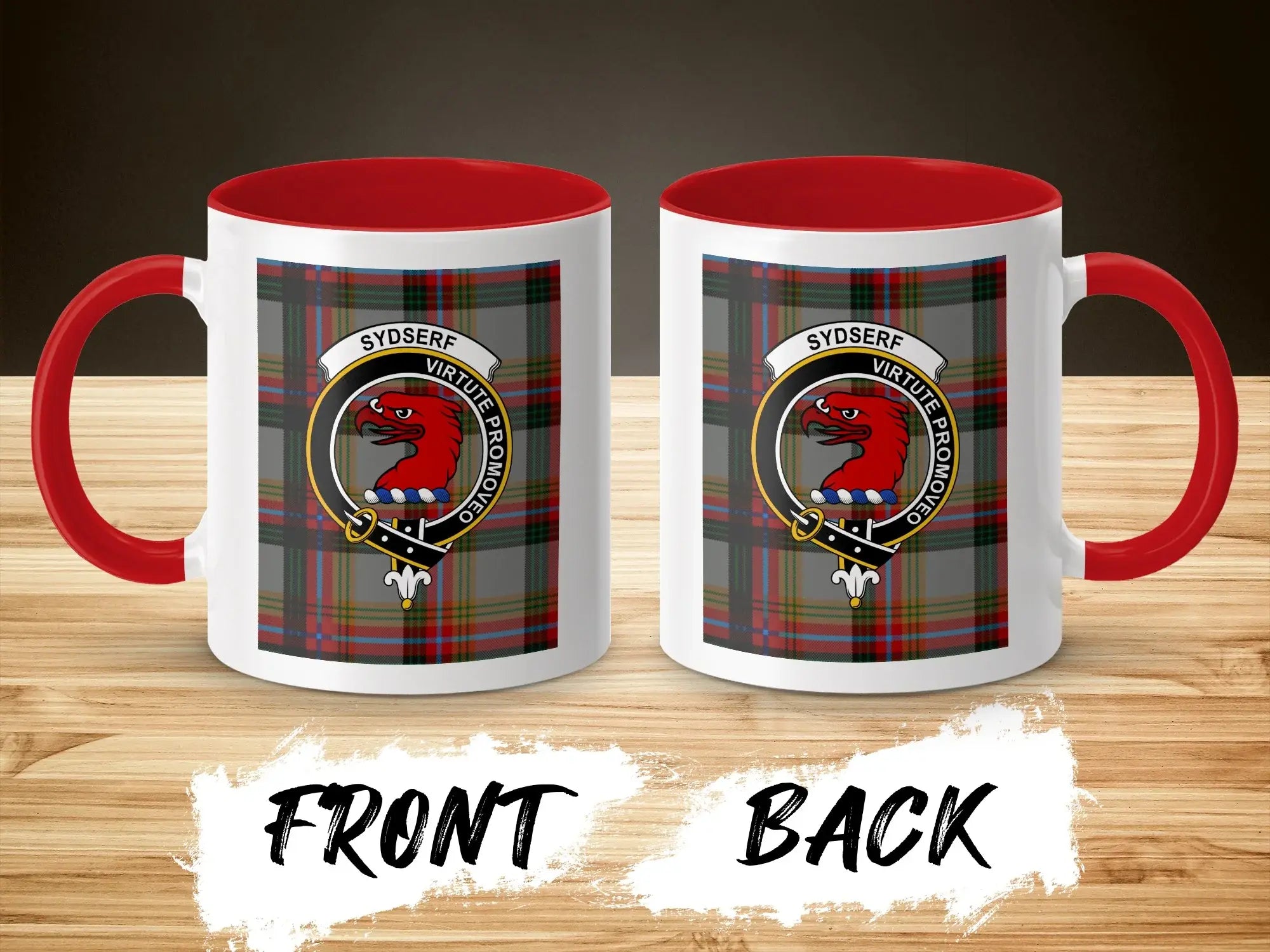 Sydserf tartan-background crest mug shown as a Scottish heritage gift