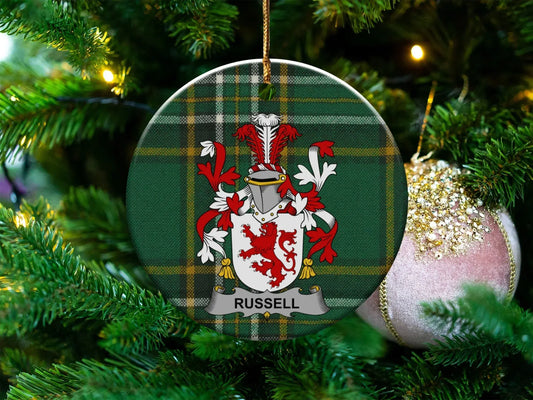 Personalized Russell Family Crest Christmas Ornament product type