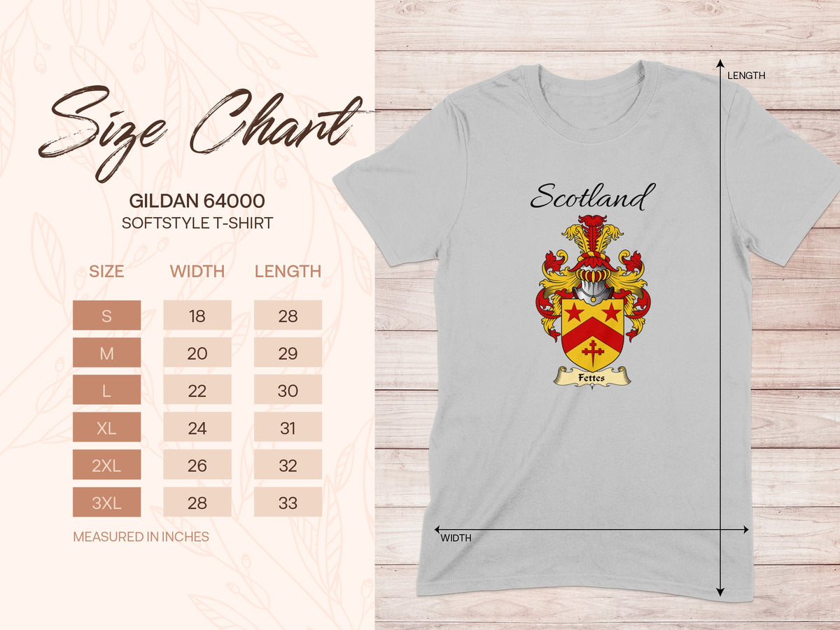 Gildan 64000 size chart for the Fettes unisex T-shirt, sizes S to 3XL
