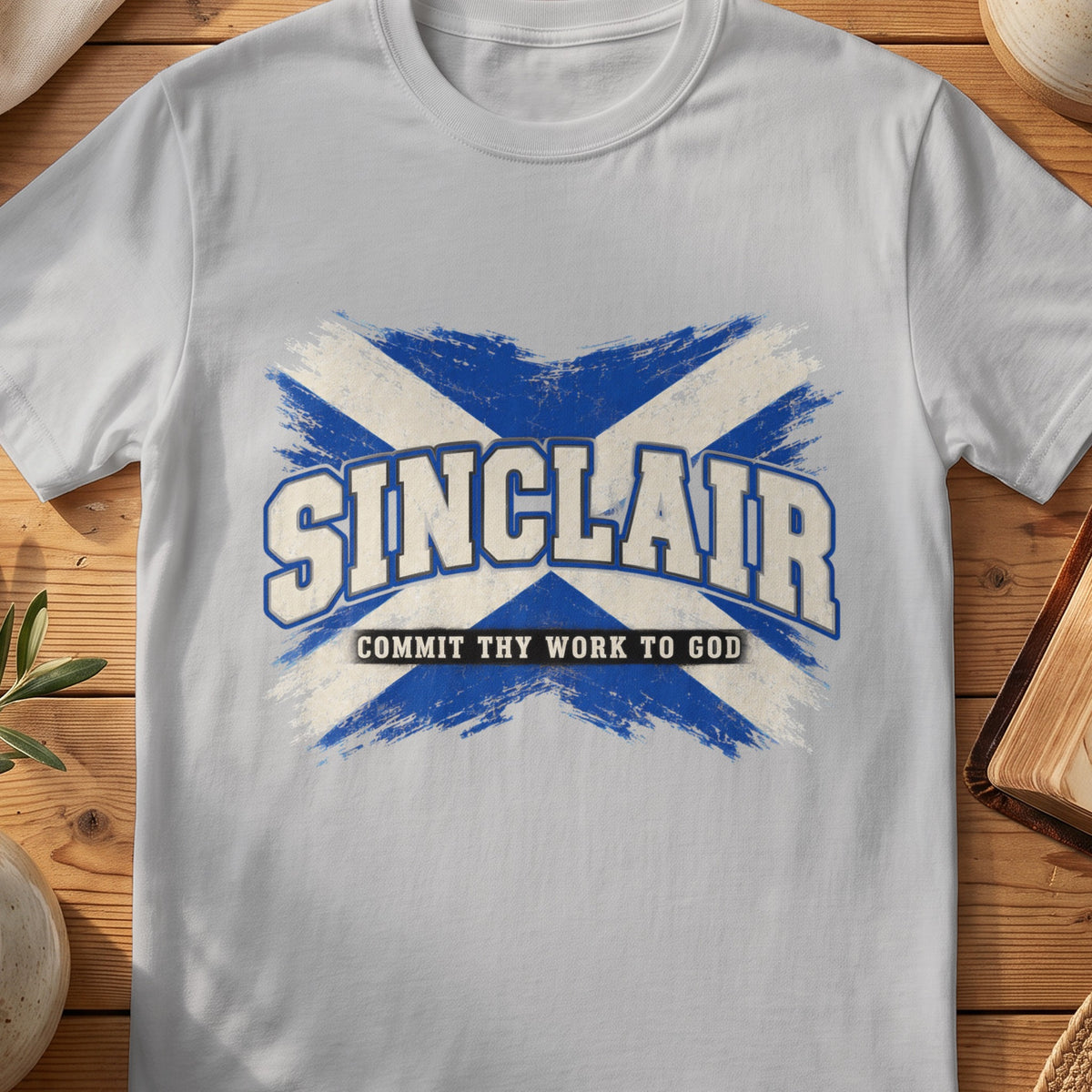Sinclair Scottish Saltire T-shirt in Sport Grey, with distressed blue and cream flag and “Commit Thy Work to God” lettering.