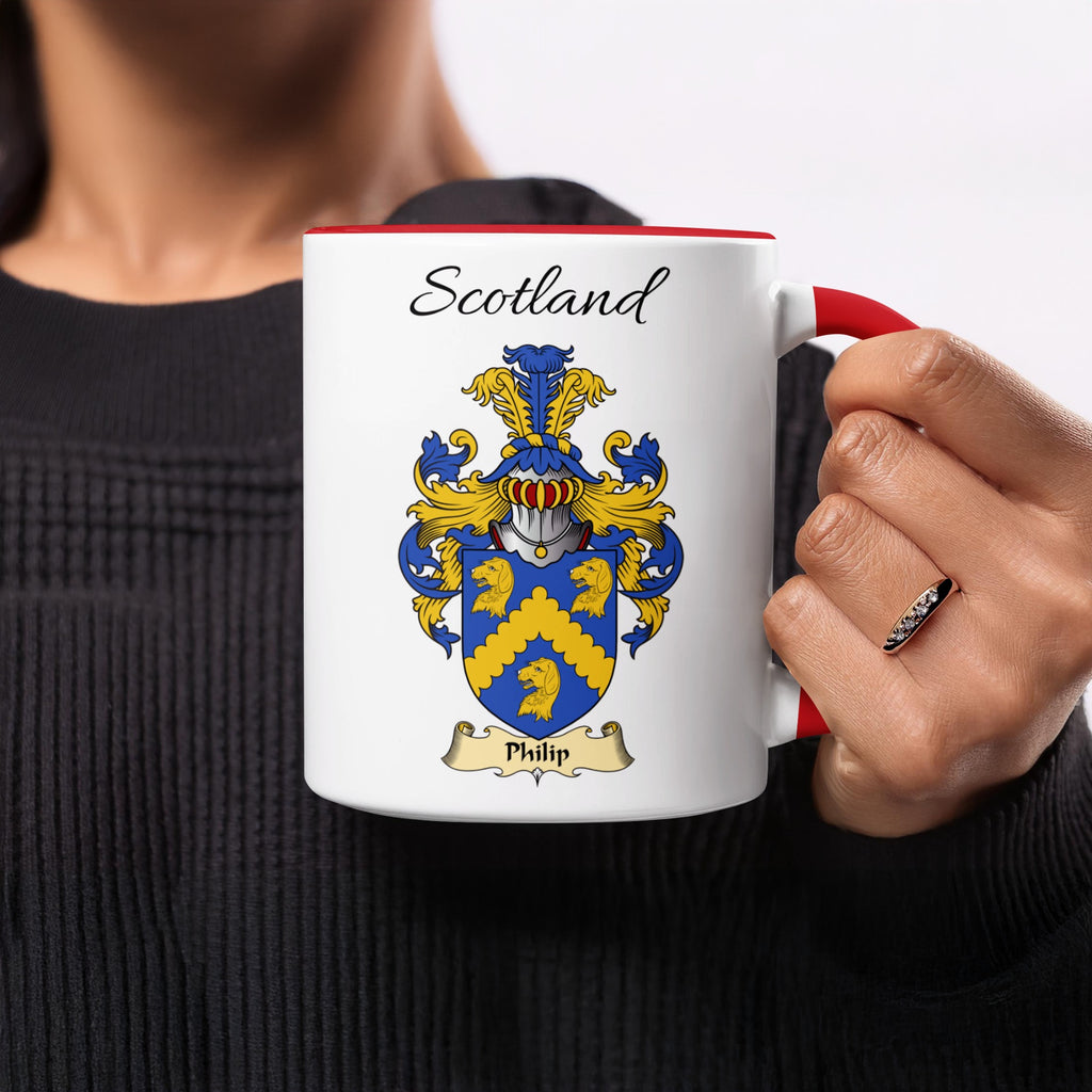 Philip Scottish coat of arms on white 11 oz mug with red handle and interior