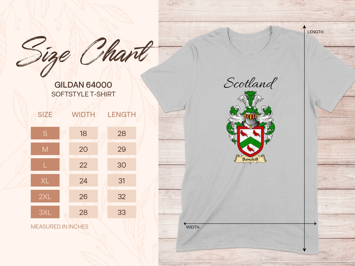 Gildan 64000 size chart for the Bonekill unisex T-shirt, sizes S to 3XL