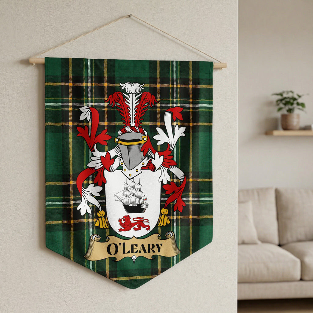 O'Leary family crest on a green plaid banner hanging from a wooden rod.