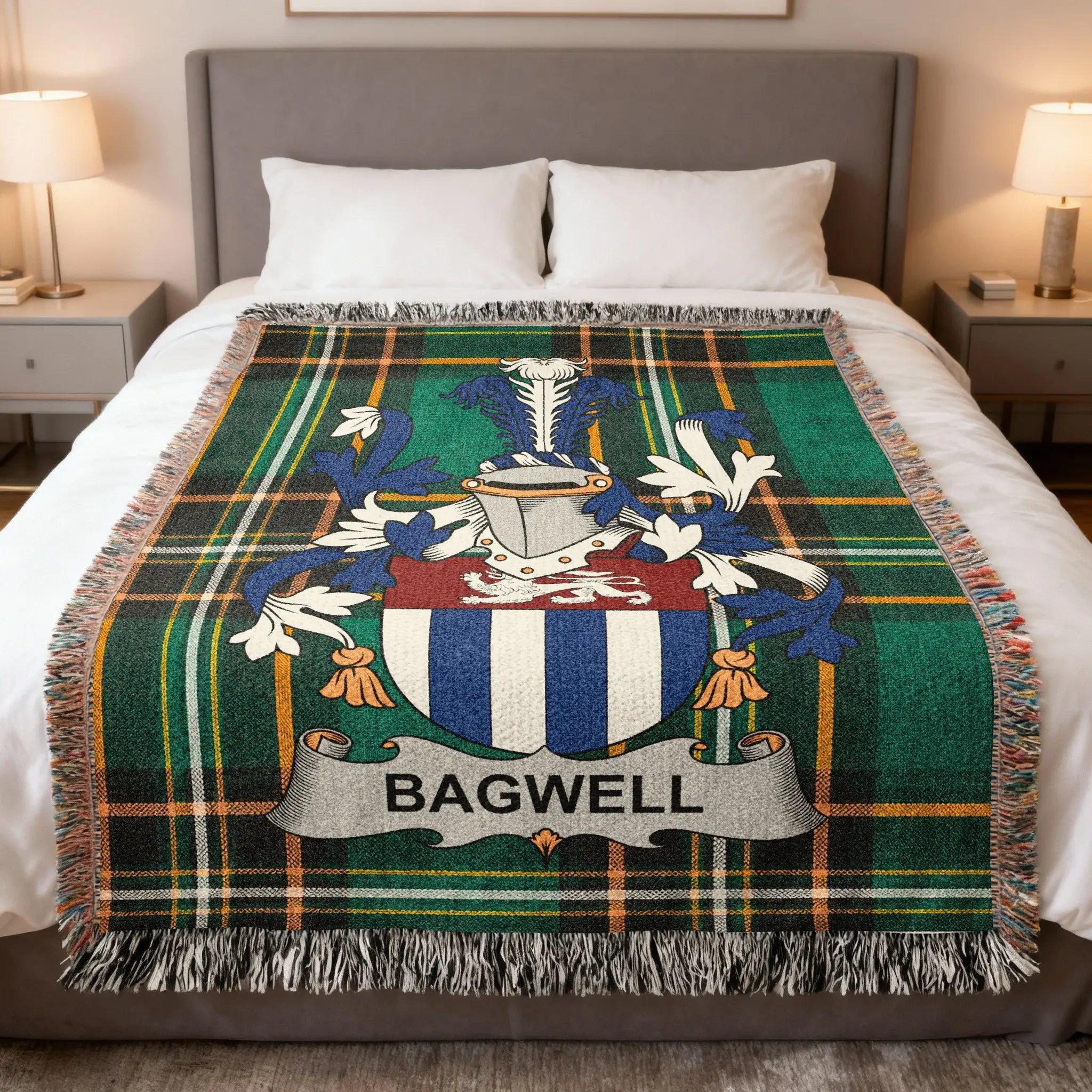 Bagwell Irish family crest woven blanket with Irish tartan design and fringed edges