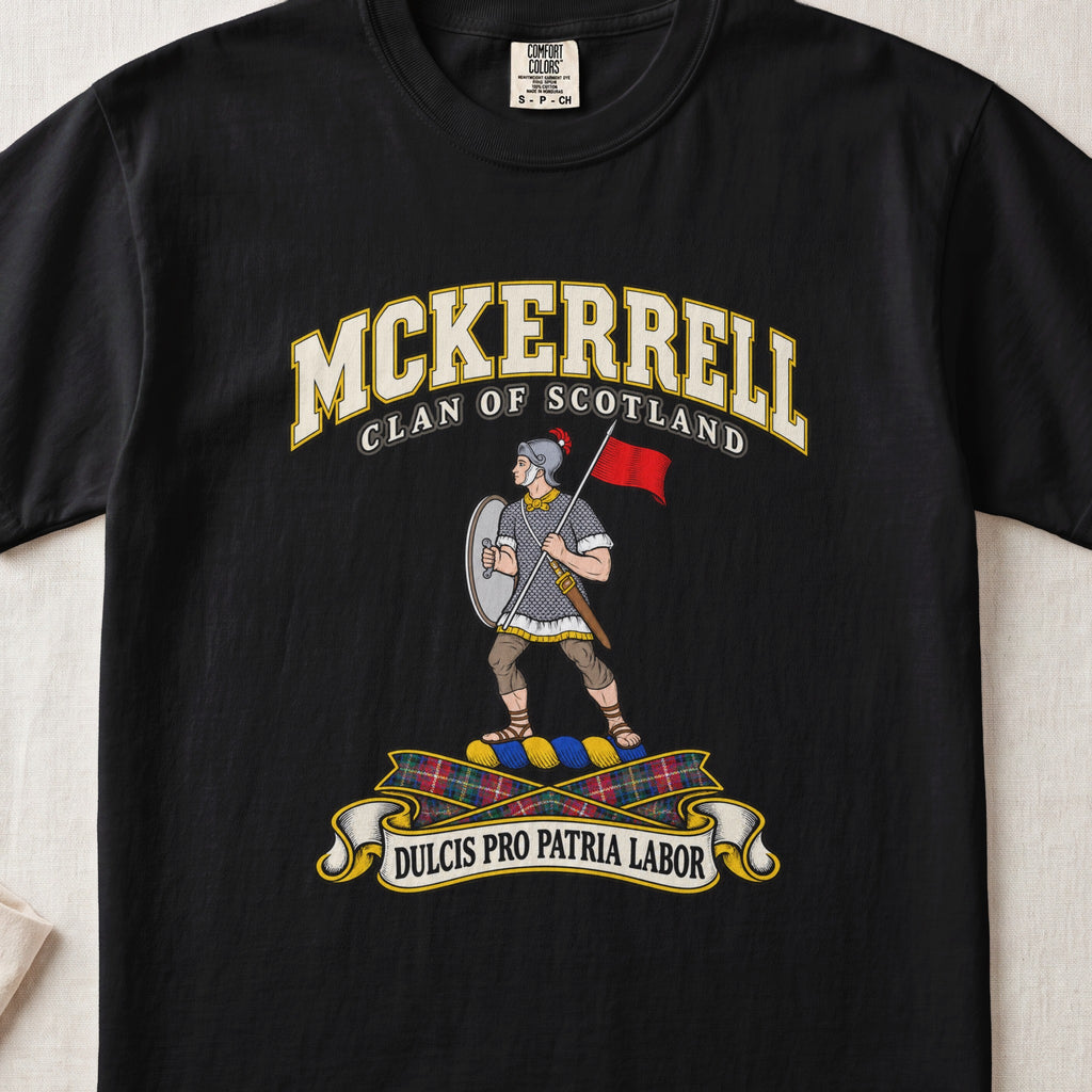 McKerrell Scottish clan T-shirt in Black, front view with an armoured figure carrying a shield and red flag and motto banner.