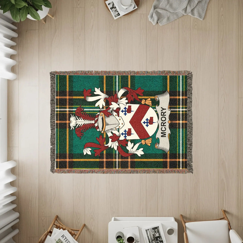 McCrory family crest on a green plaid woven blanket.
