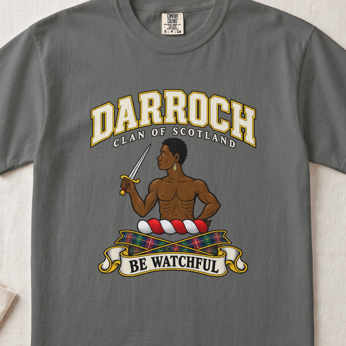 Darroch Scottish clan T-shirt in Pepper, front view with a figure holding a dagger and motto design.