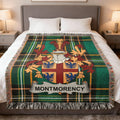 Tartan blanket featuring the Montmorency family crest on a bed.