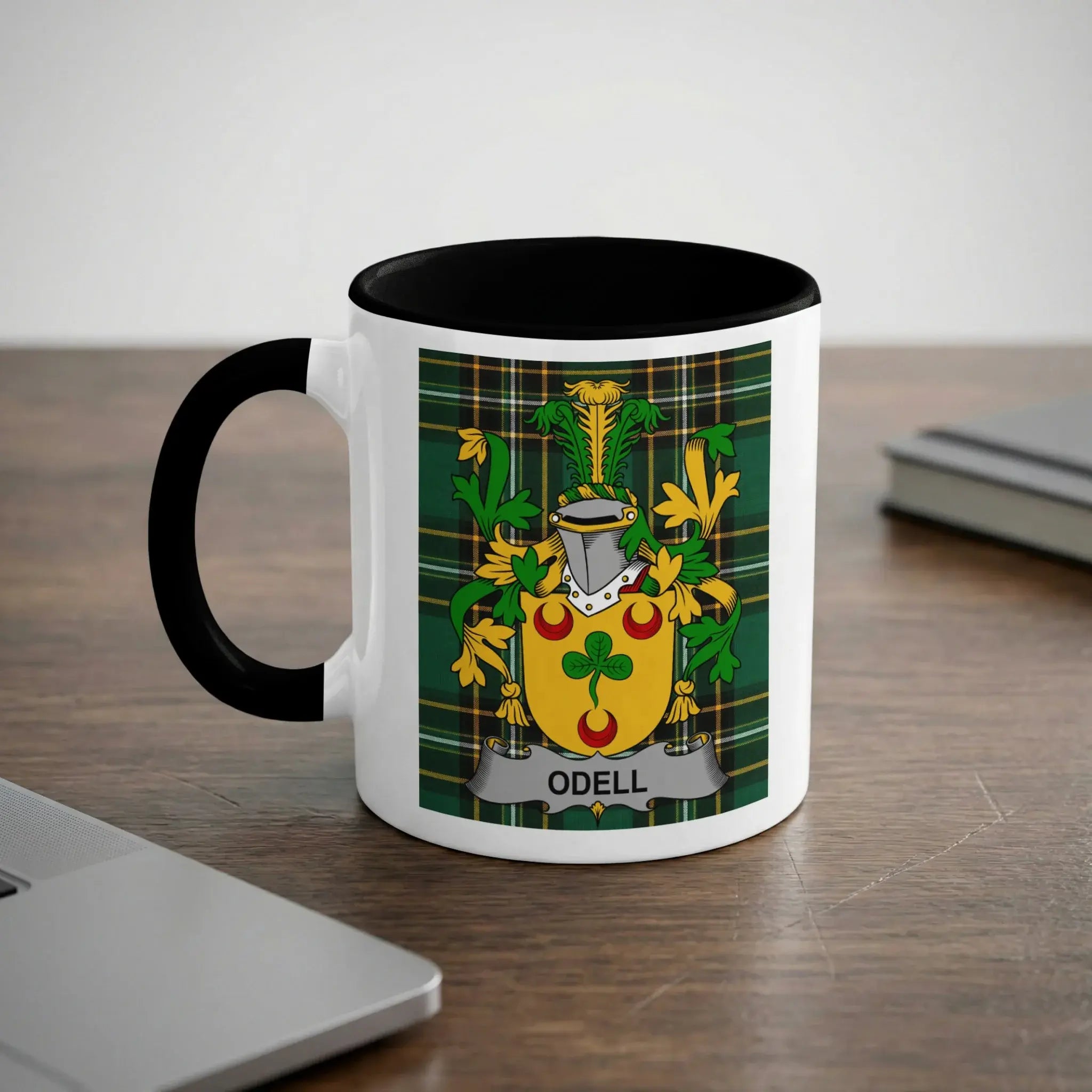 Odell Irish heritage mug with black interior and tartan crest