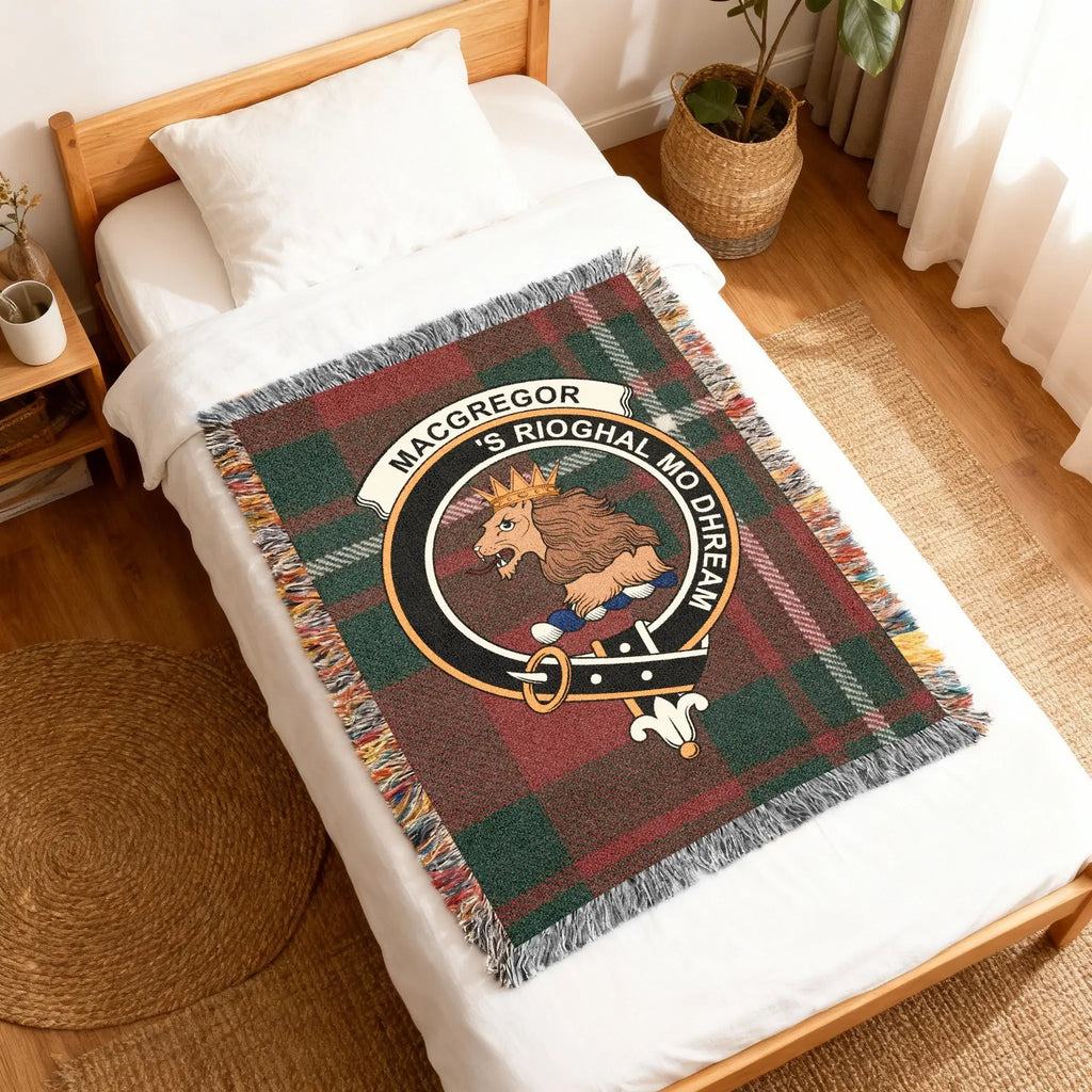 MacGregor clan crest plaid design woven blanket — Royal is My Race lion crest in cotton weave