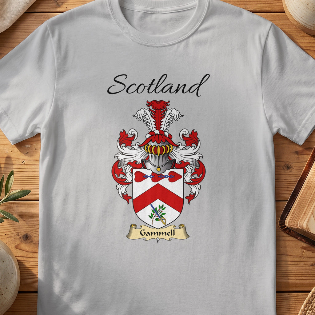 Sport Grey Gammell Scottish family shield T-shirt featuring a red chevron with botanical details