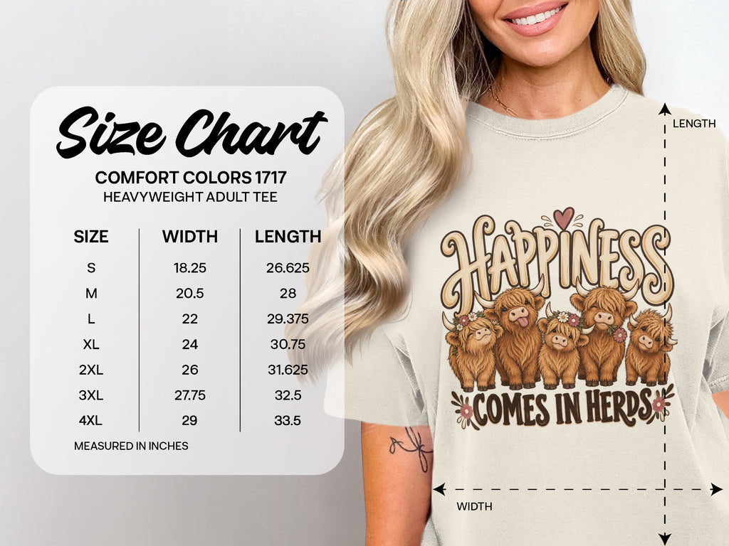 Comfort Colors 1717 size chart, S–4XL, for the Happiness Comes in Herds Highland cow T-shirt