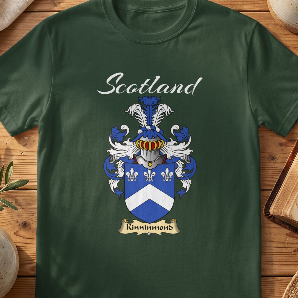 Forest Green Kinninmond Scottish T-shirt featuring a white chevron and fleurs-de-lis on blue