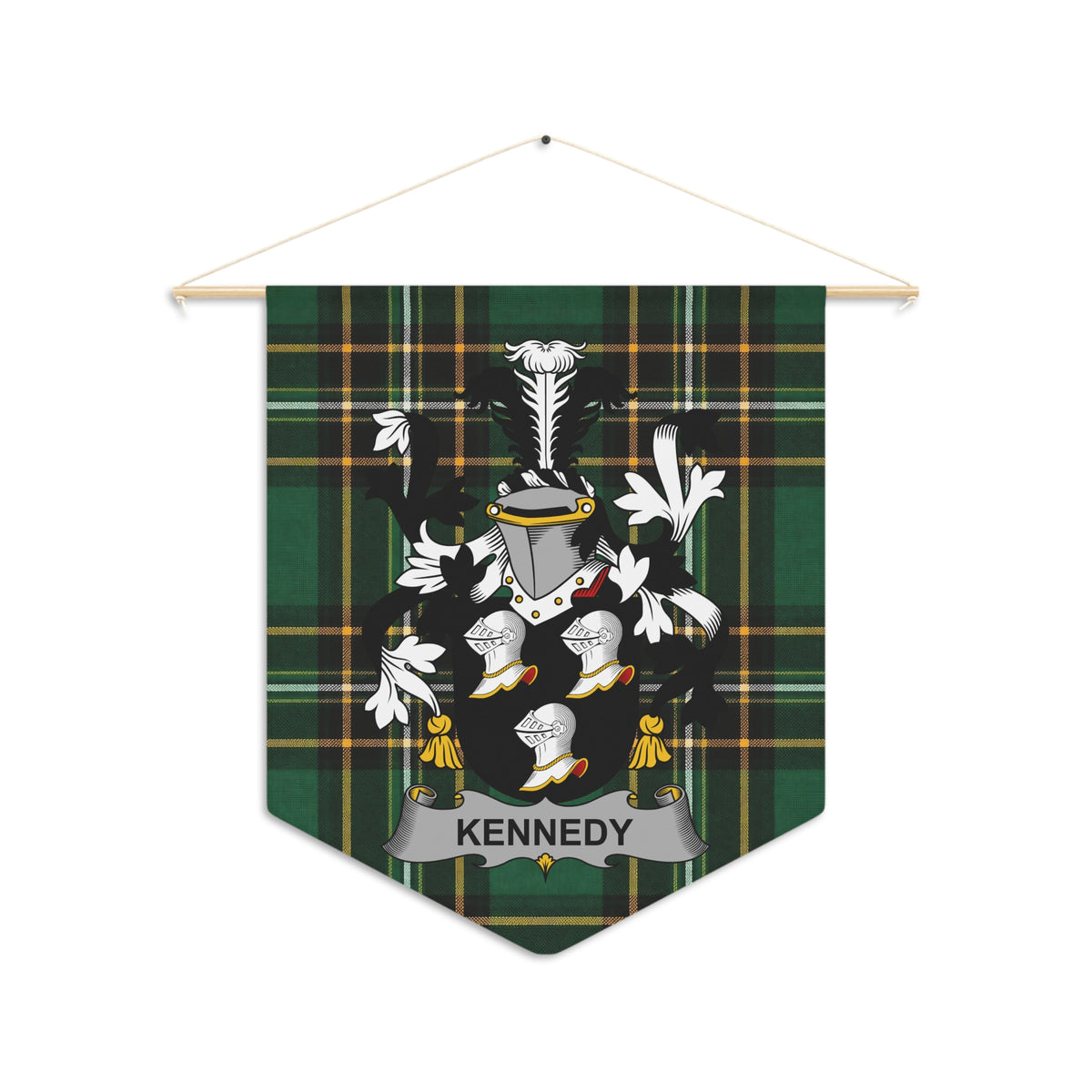 Kennedy Irish Family Crest wall pennant with green plaid background