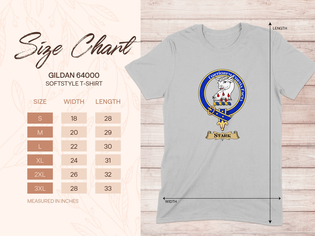 Gildan 64000 size chart for Stark Scottish clan crest T-shirt