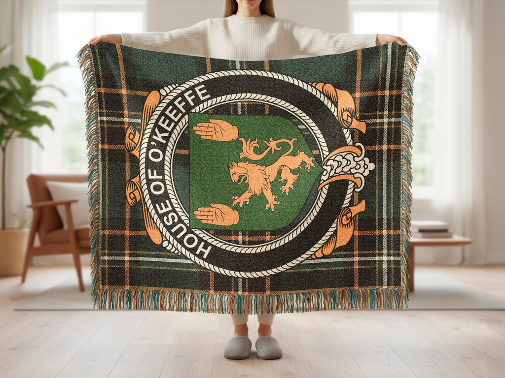 O'Keeffe surname blanket showing Irish National Tartan woven design