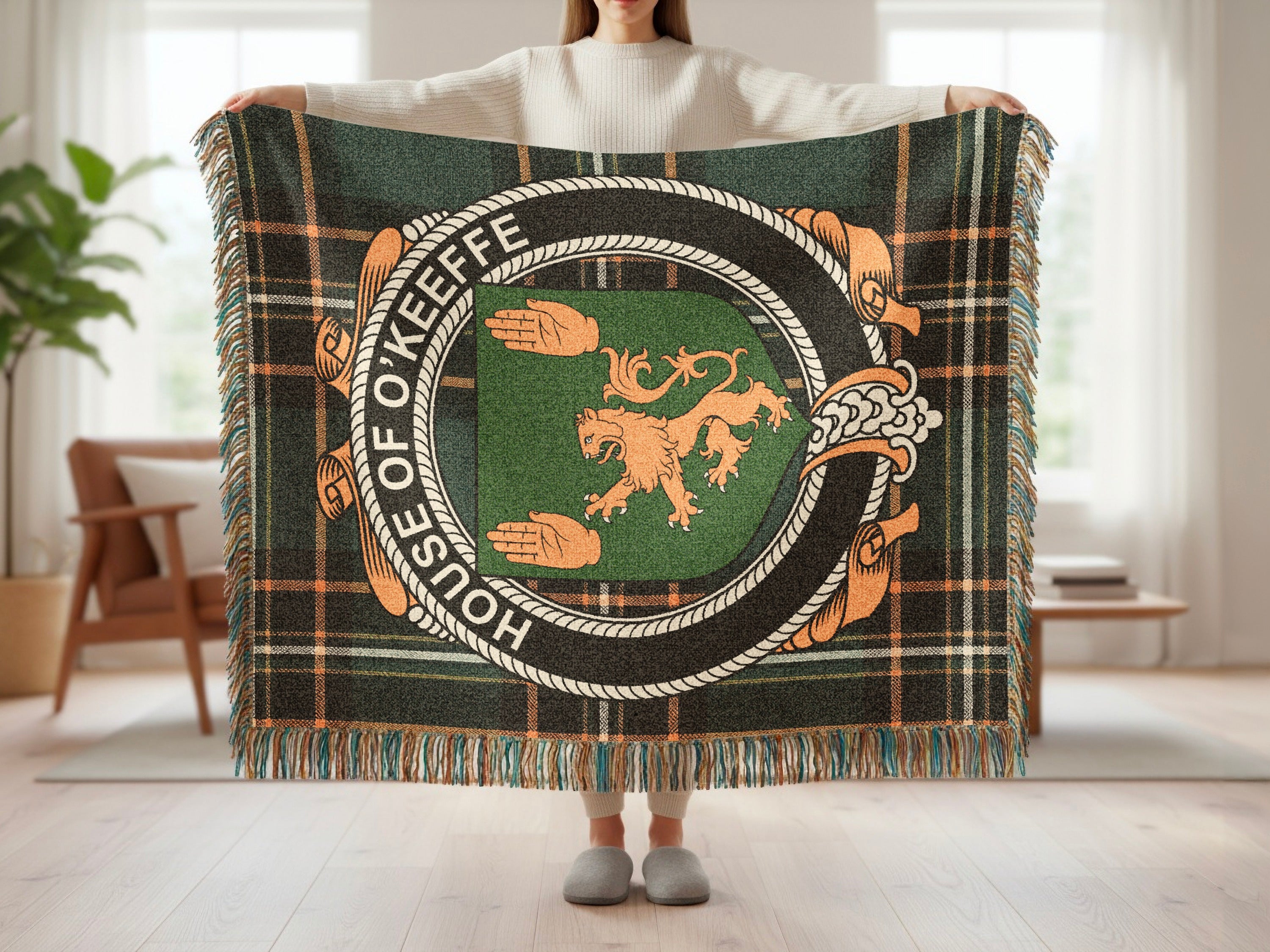 O'Keeffe surname blanket showing Irish National Tartan woven design