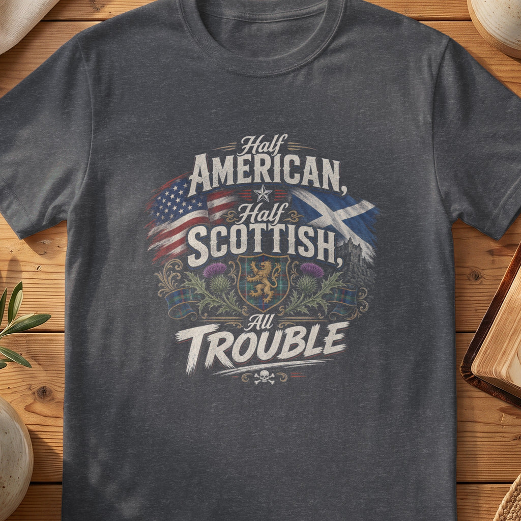 Dark grey Gildan 64000 unisex T-shirt flatlay with Half American Half Scottish All Trouble Scottish graphic design