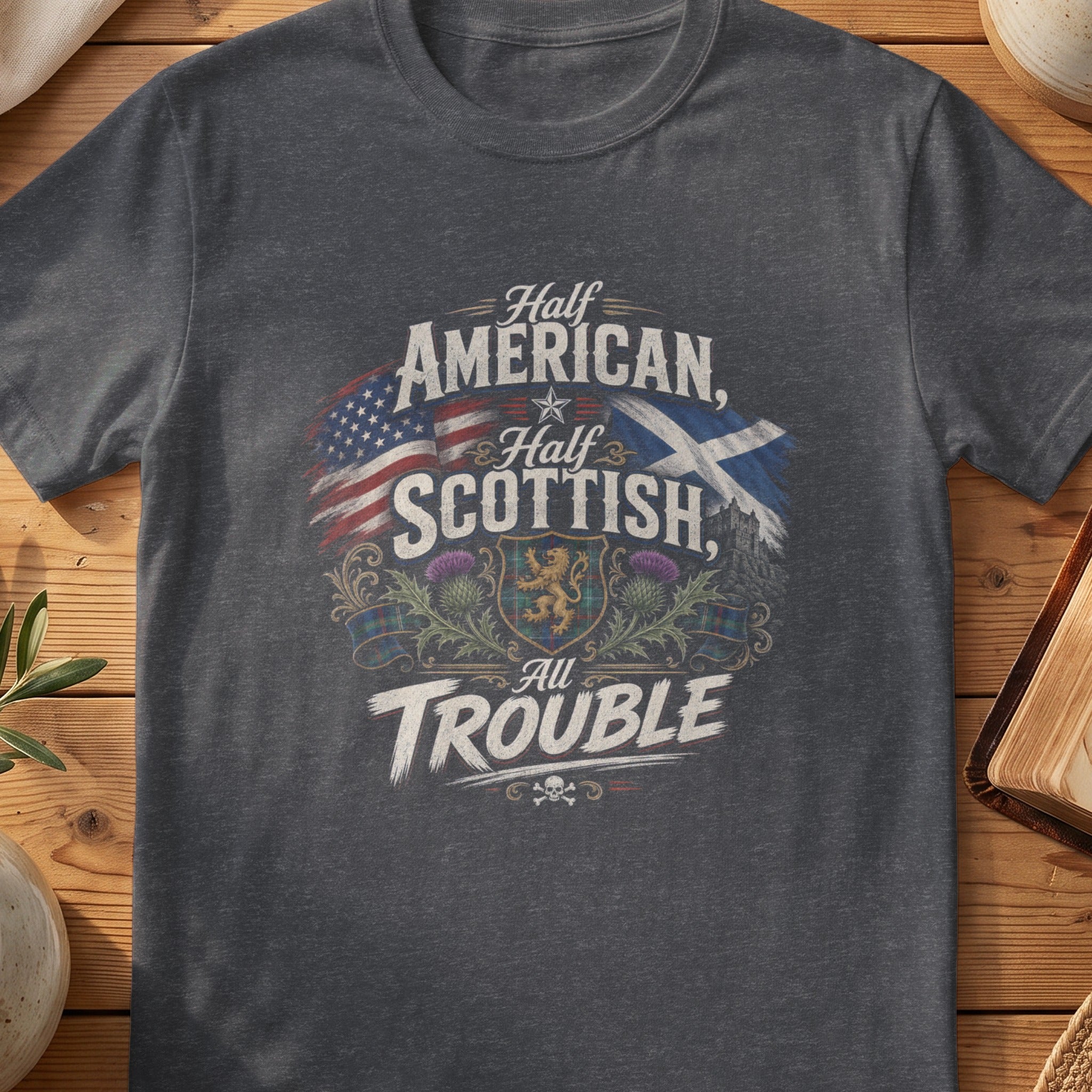 Dark grey Gildan 64000 unisex T-shirt flatlay with Half American Half Scottish All Trouble Scottish graphic design
