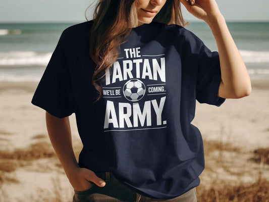 Navy t-shirt with "The Tartan Army, We'll Be Coming..." text and soccer ball graphic.