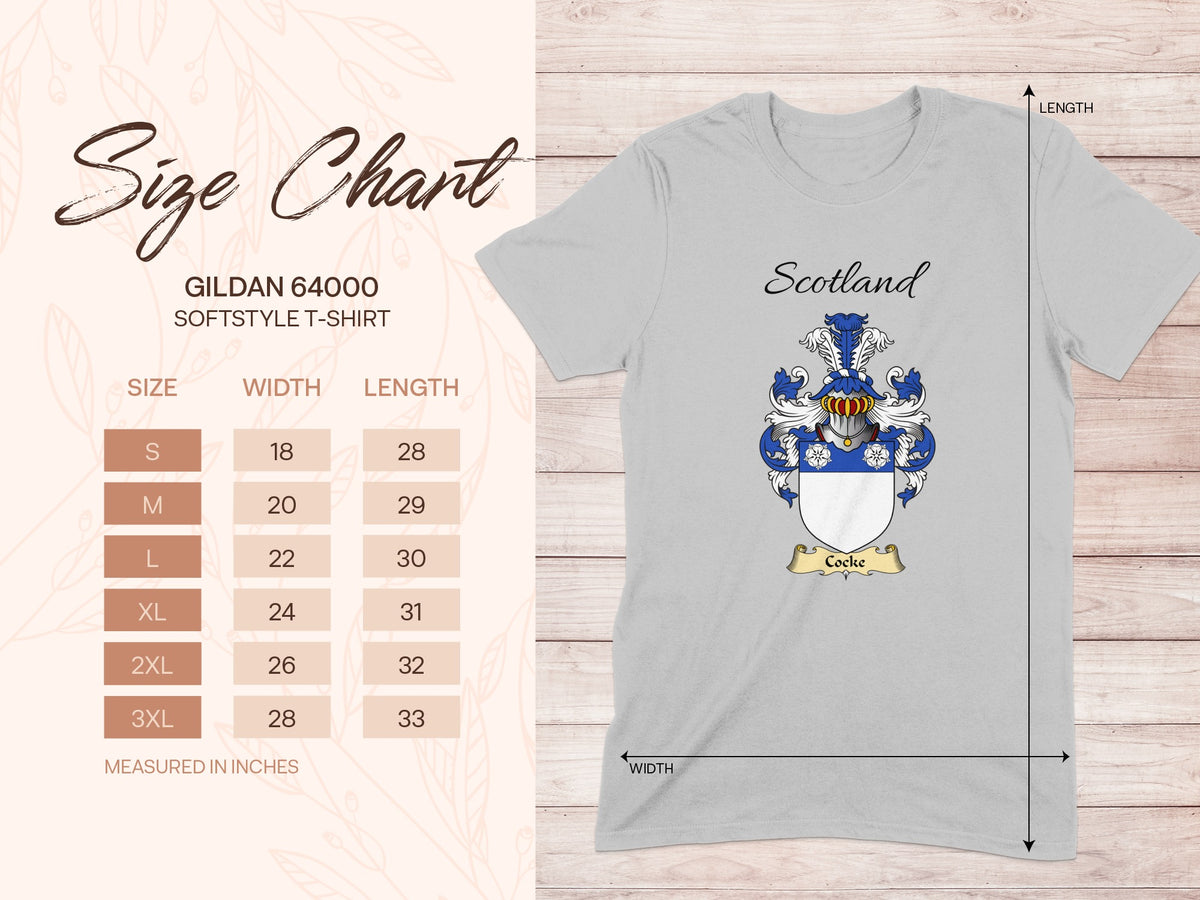 Gildan 64000 size chart for the Cocke unisex T-shirt, sizes S to 3XL