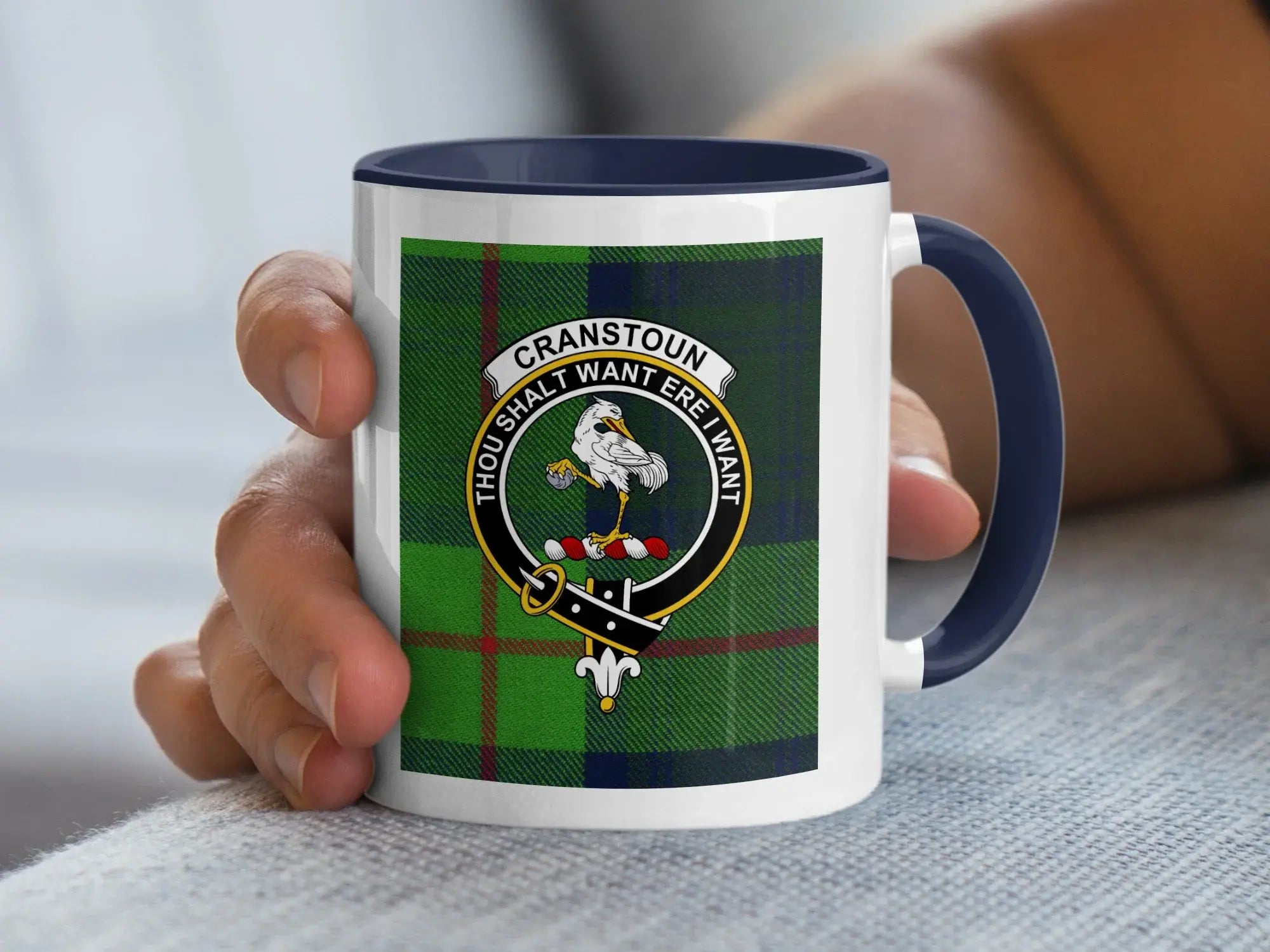 Clan Cranstoun tartan accent mug with black handle — 11oz ceramic, crest and motto on white body