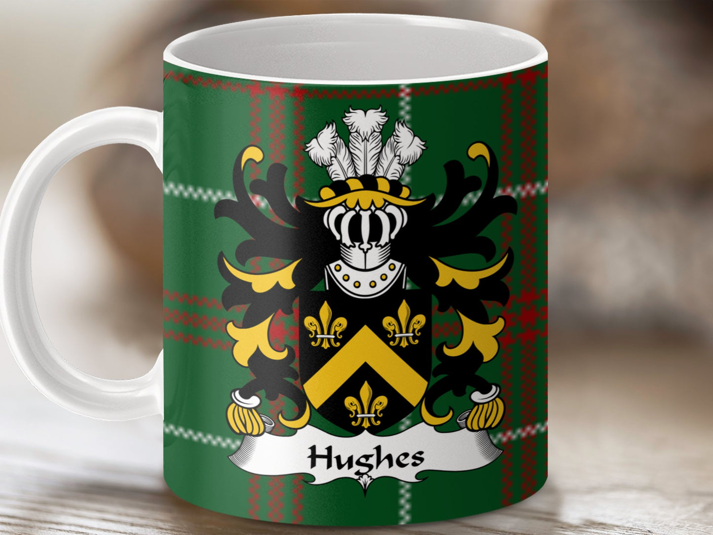 Hughes Surname Coat of Arms on Tartan Background Mug - Living Stone Gifts