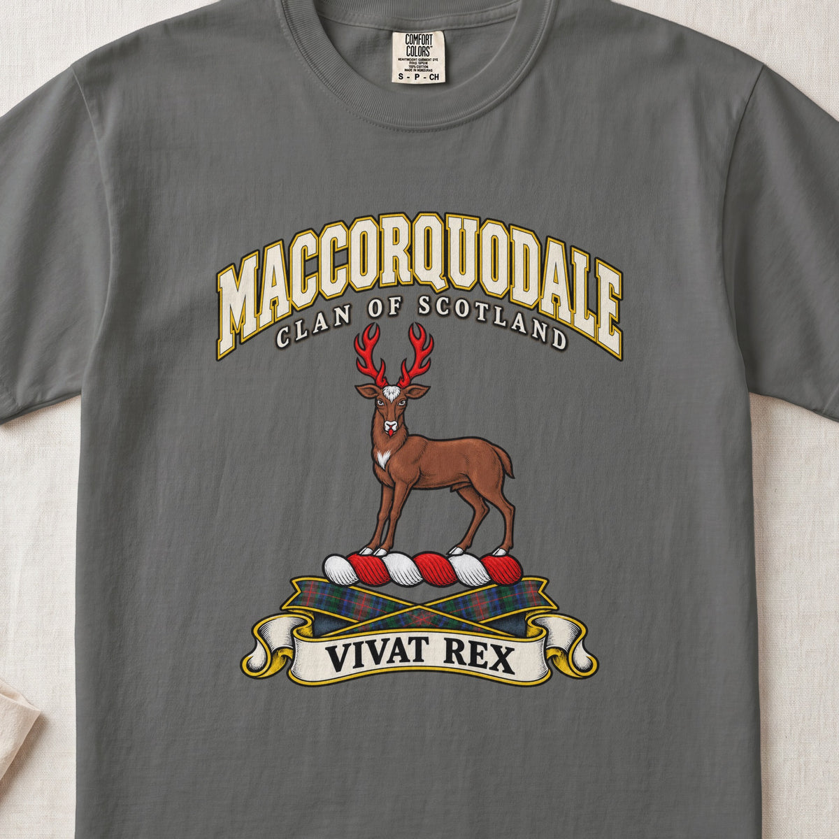 MacCorquodale Scottish clan T-shirt in Pepper, front view with a brown stag with antlers and motto banner.