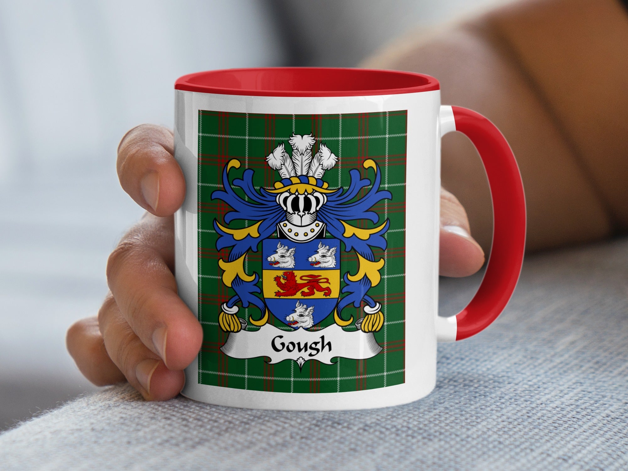 Gough Welsh family crest mug on Welsh National Tartan