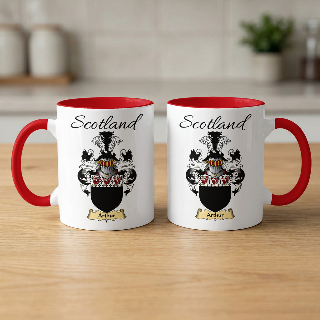 Arthur 11 oz Scottish family crest ceramic mug with a Scotland-topped heraldic emblem