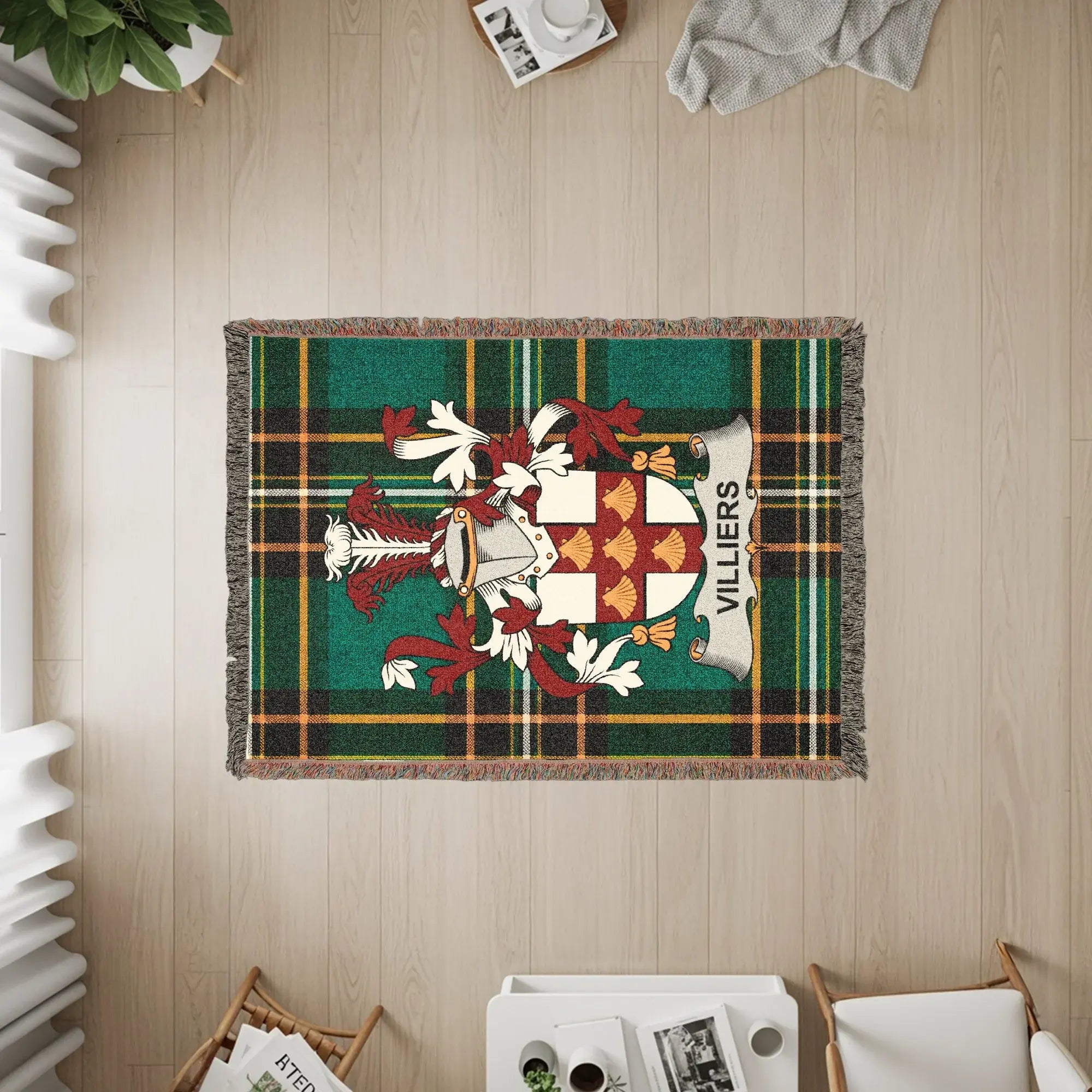 Villiers family crest on a green and brown plaid woven throw rug.