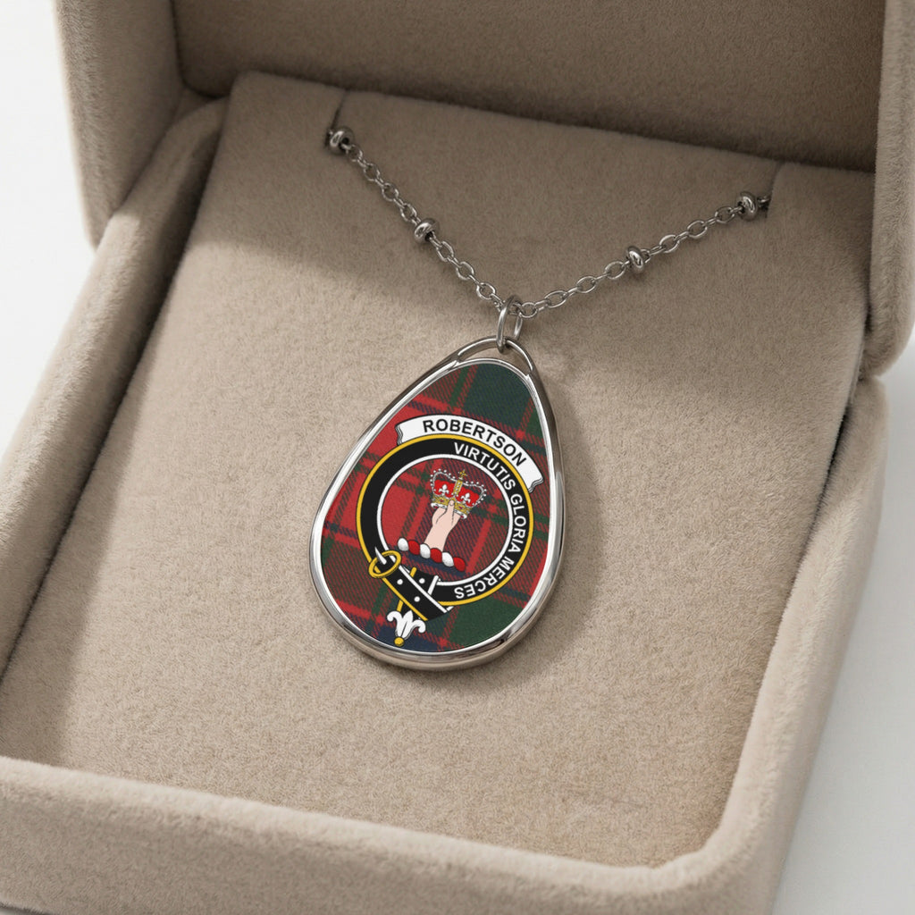 Robertson clan crest pendant necklace with bead chain in a jewelry box.