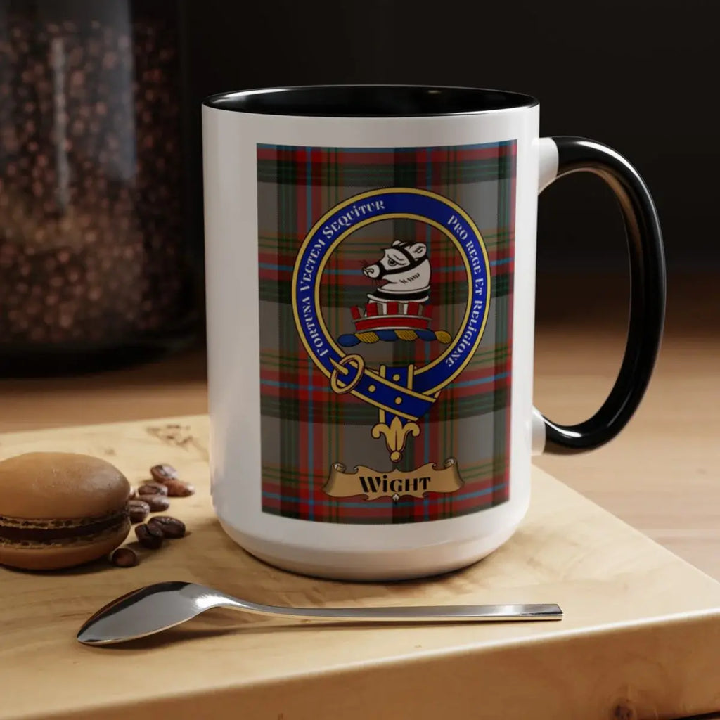 Close-up of the Wight clan crest printed on a ceramic mug