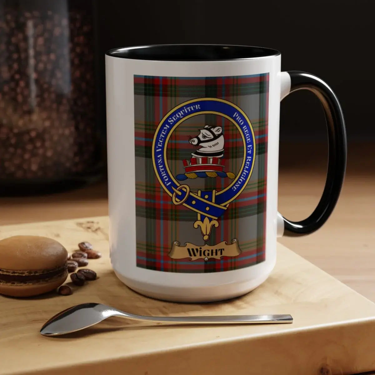 Close-up of the Wight clan crest printed on a ceramic mug