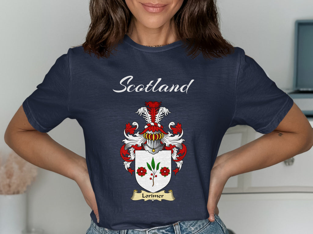 Lorimer Scottish family shield design on Navy T-shirt