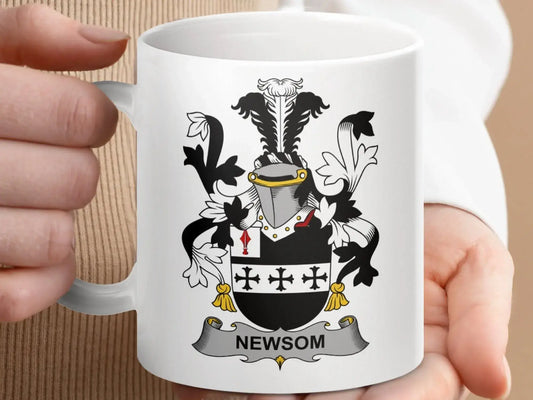 Newsom Family Crest Design on a Ceramic Mug - Celtic Ancestry Gifts